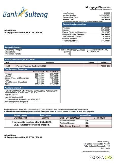 Modèle Word et PDF de relevé hypothécaire de la Banque indonésienne Sulteng